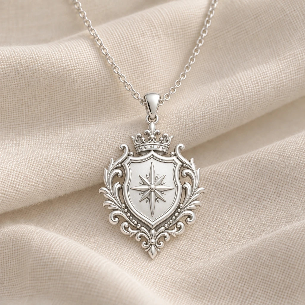 925 sterling silver noble crest compass shield pendant necklace on cream fabric