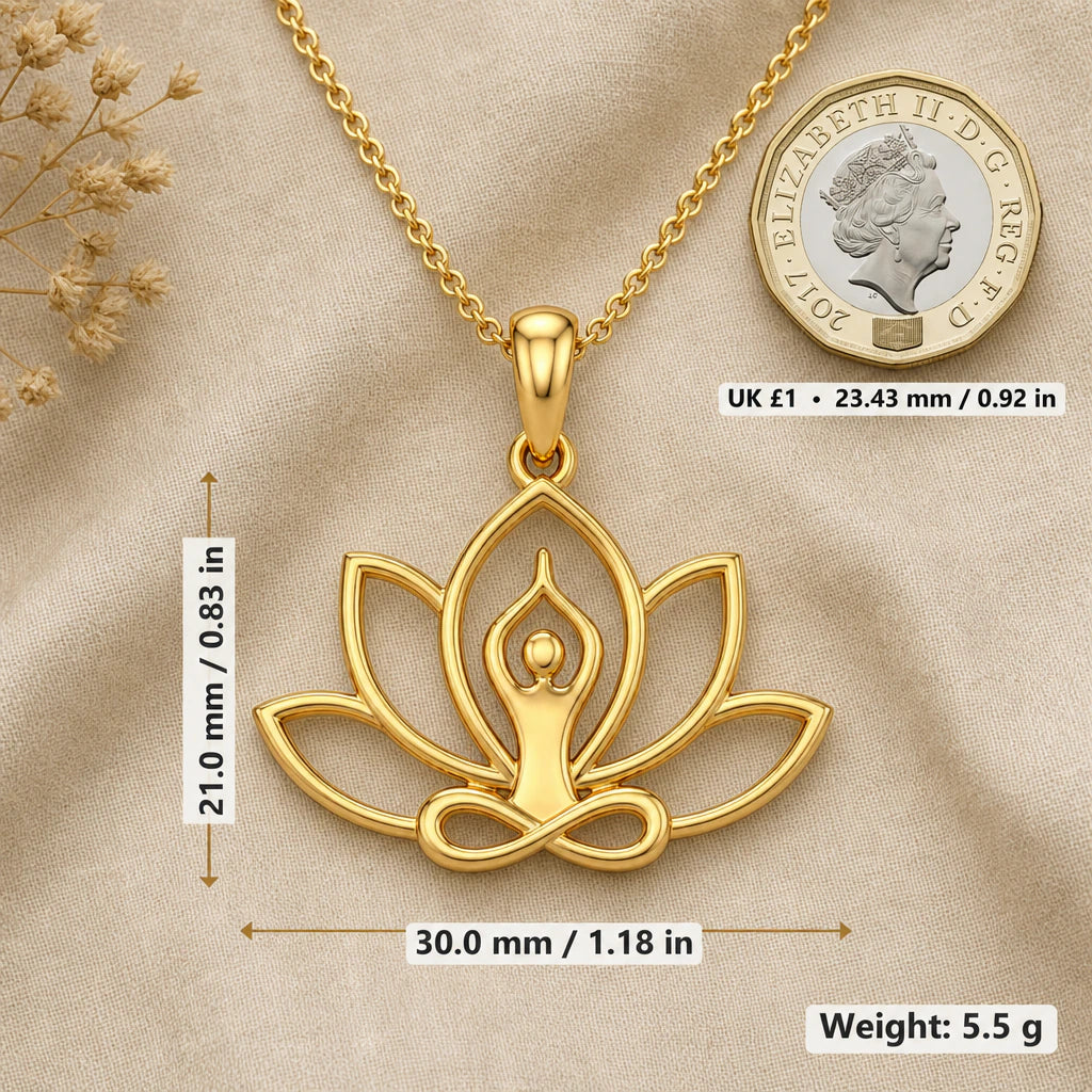 Meditation Lotus Pendant Necklace size guide, 21 by 30 mm