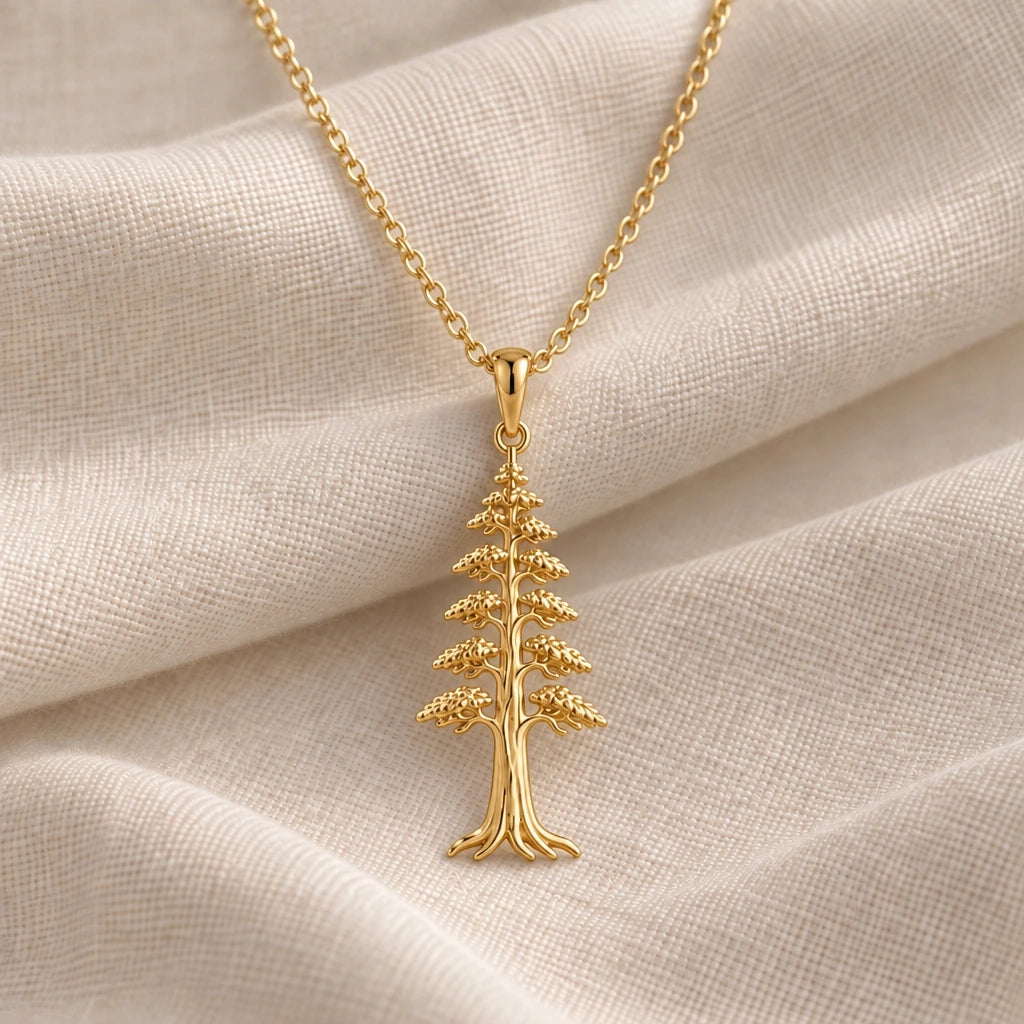 Redwood Spirit Tree pendant necklace in an 18k gold plated finish