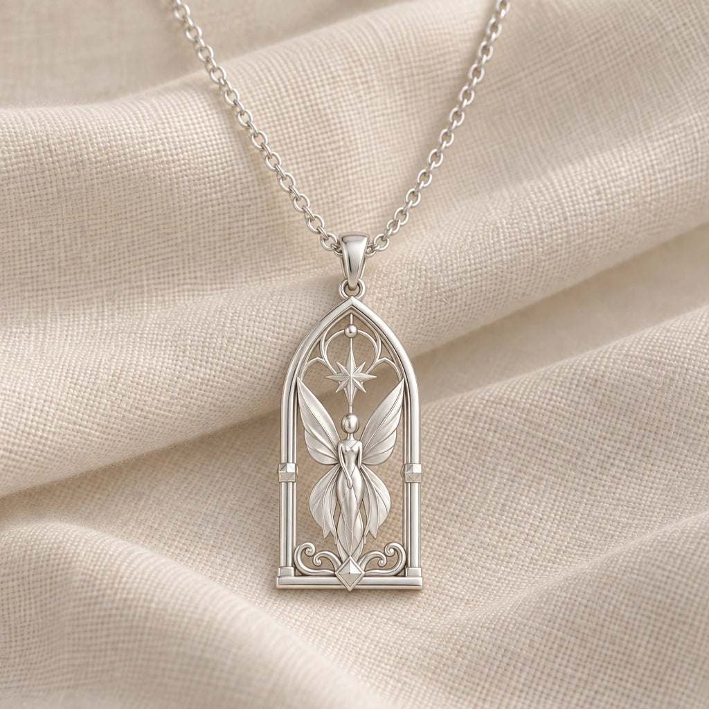 925 sterling silver celestial fairy gate pendant necklace on cream fabric
