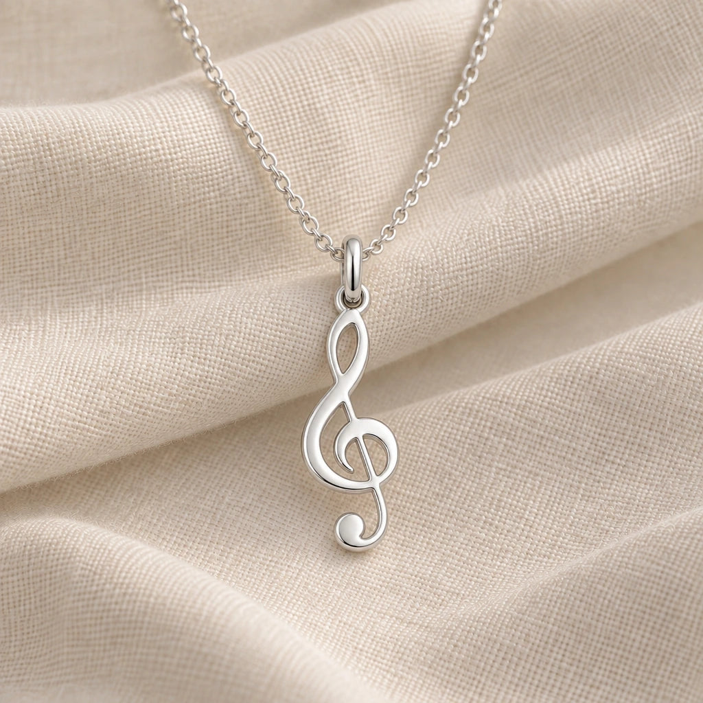 925 sterling silver treble clef pendant necklace on cream fabric
