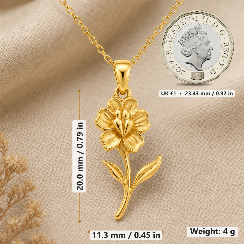 Snapdragon necklace size image showing 20 mm height, 11.3 mm width and 4 g weight beside a UK pound coin