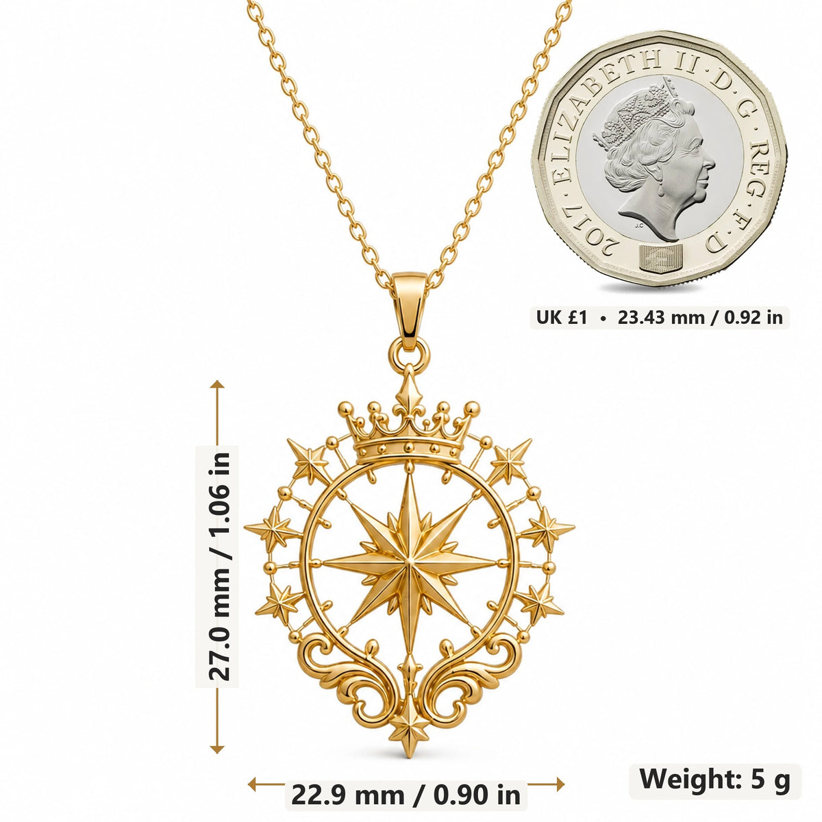 Queen Star Halo pendant necklace size image showing 27.0 mm height, 22.9 mm width and 5 g weight