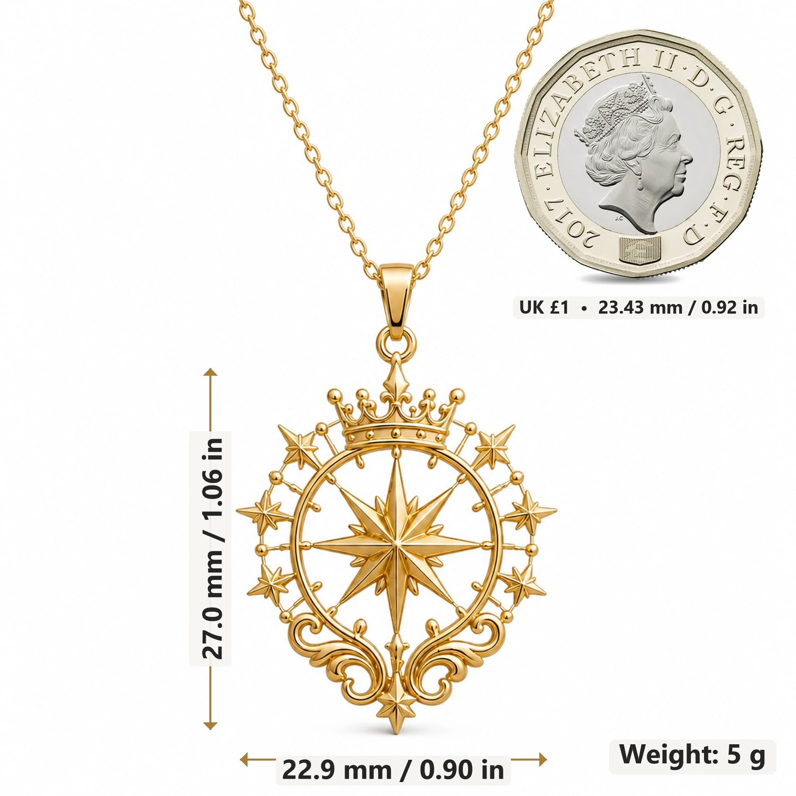 Queen Star Halo pendant necklace size image showing 27.0 mm height, 22.9 mm width and 5 g weight