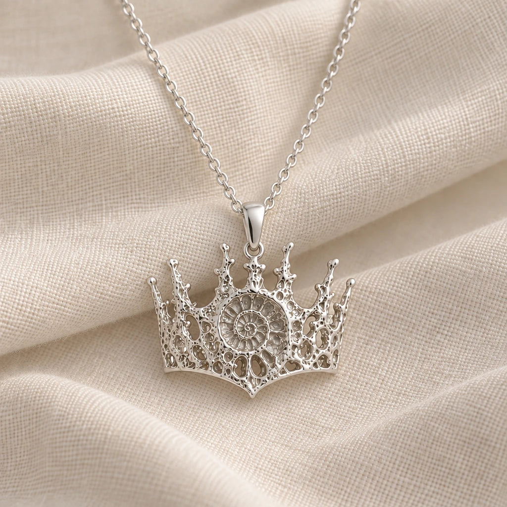 925 sterling silver fossil crown ammonite pendant necklace on cream fabric