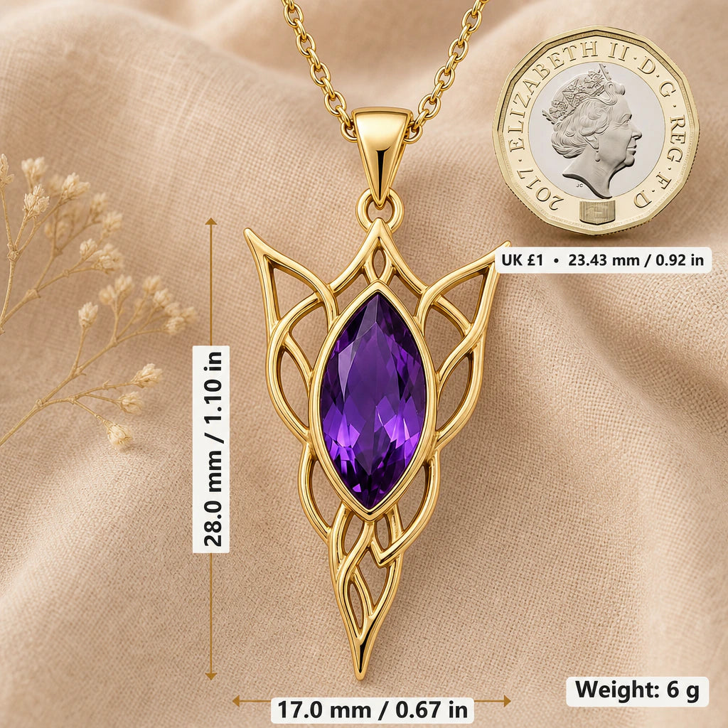 Elven Knot Birthstone Charm Pendant Necklace size guide, 28 by 17 mm
