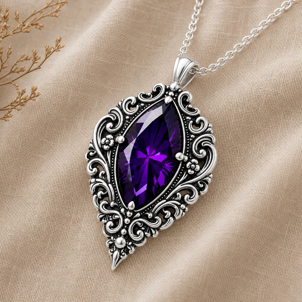 Vintage Gothic Birthstone Pendant Necklace in sterling silver