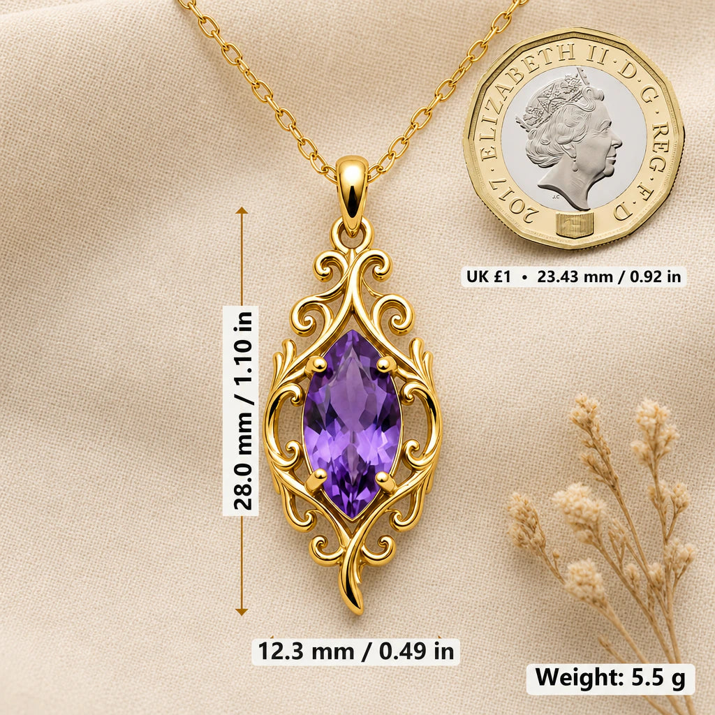 Open Scroll Custom Birthstone Pendant Necklace size guide, 28 by 12.3 mm