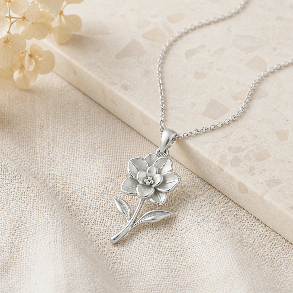 Close-up of silver gardenia flower pendant showing the sculpted detail
