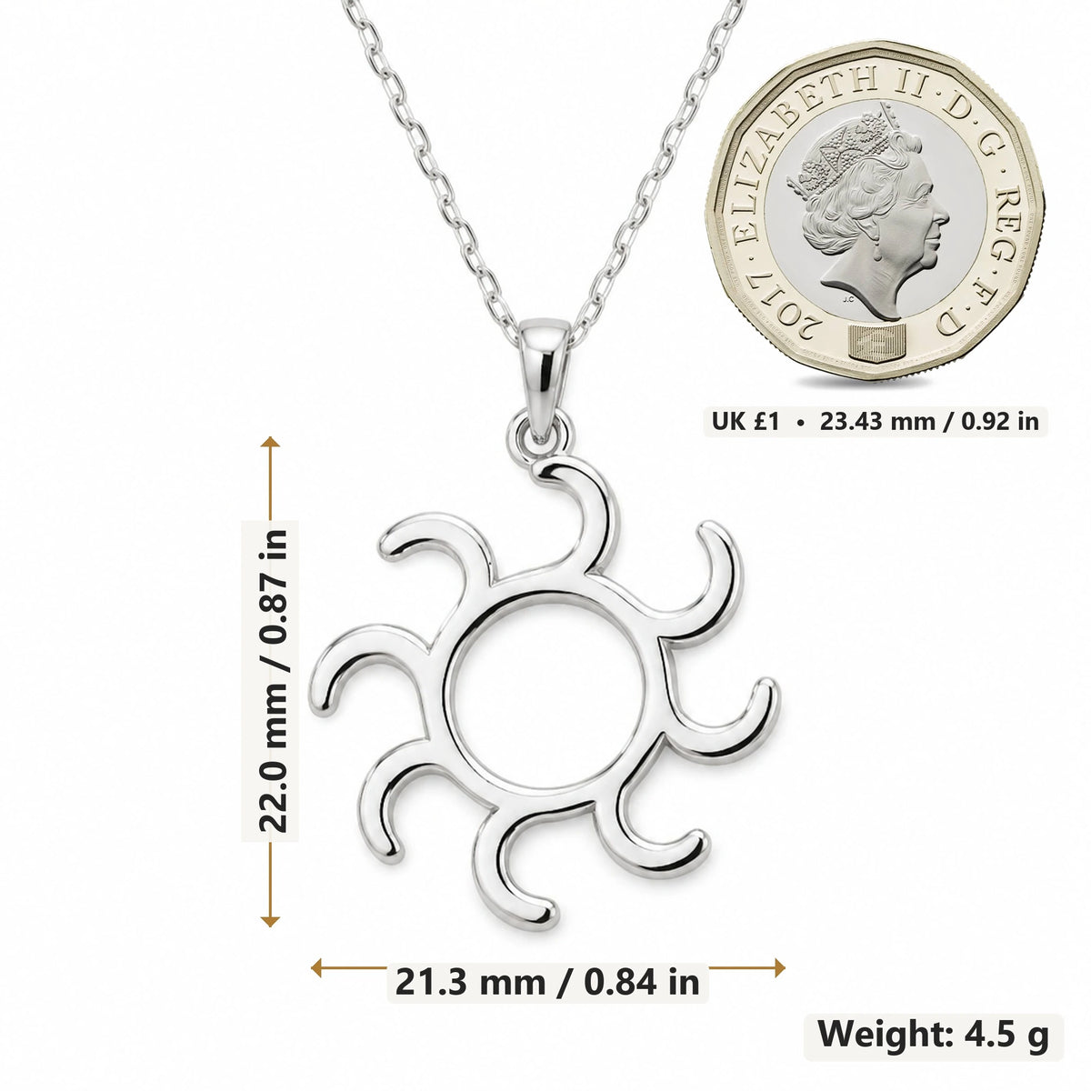 Gold Alchemy Sun Symbol pendant necklace size image showing 22.0 mm height, 21.3 mm width and 4.5 g weight