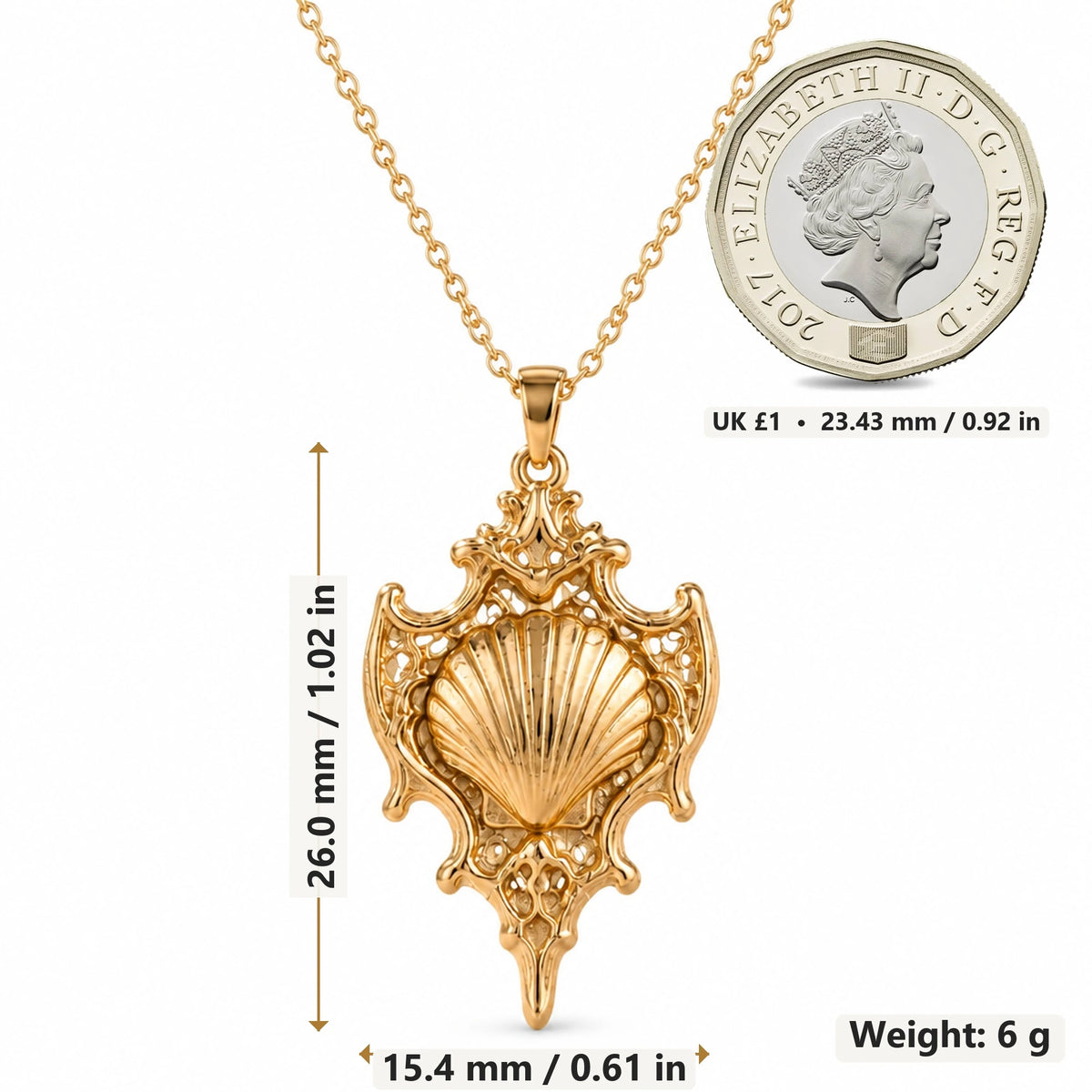 Sacred Shell Relic pendant necklace size image showing 26.0 mm height, 15.4 mm width and 6 g weight