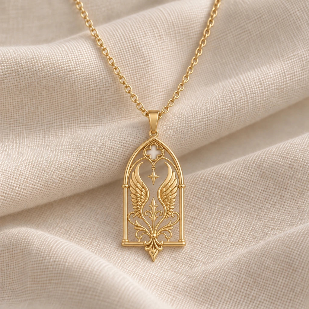 Queen Seraph Window pendant necklace in an 18k gold plated finish