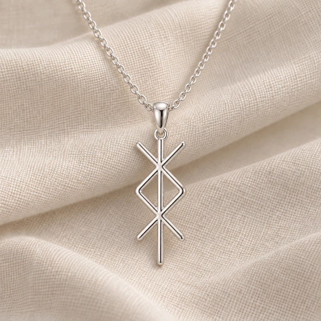925 sterling silver viking protection bind rune pendant necklace on cream fabric