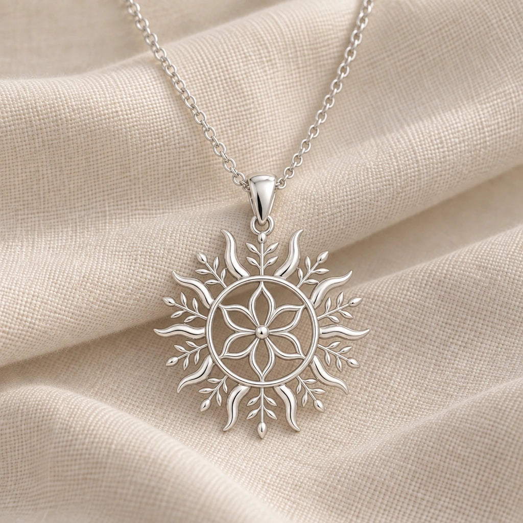 925 sterling silver solstice bloom pendant necklace on cream fabric