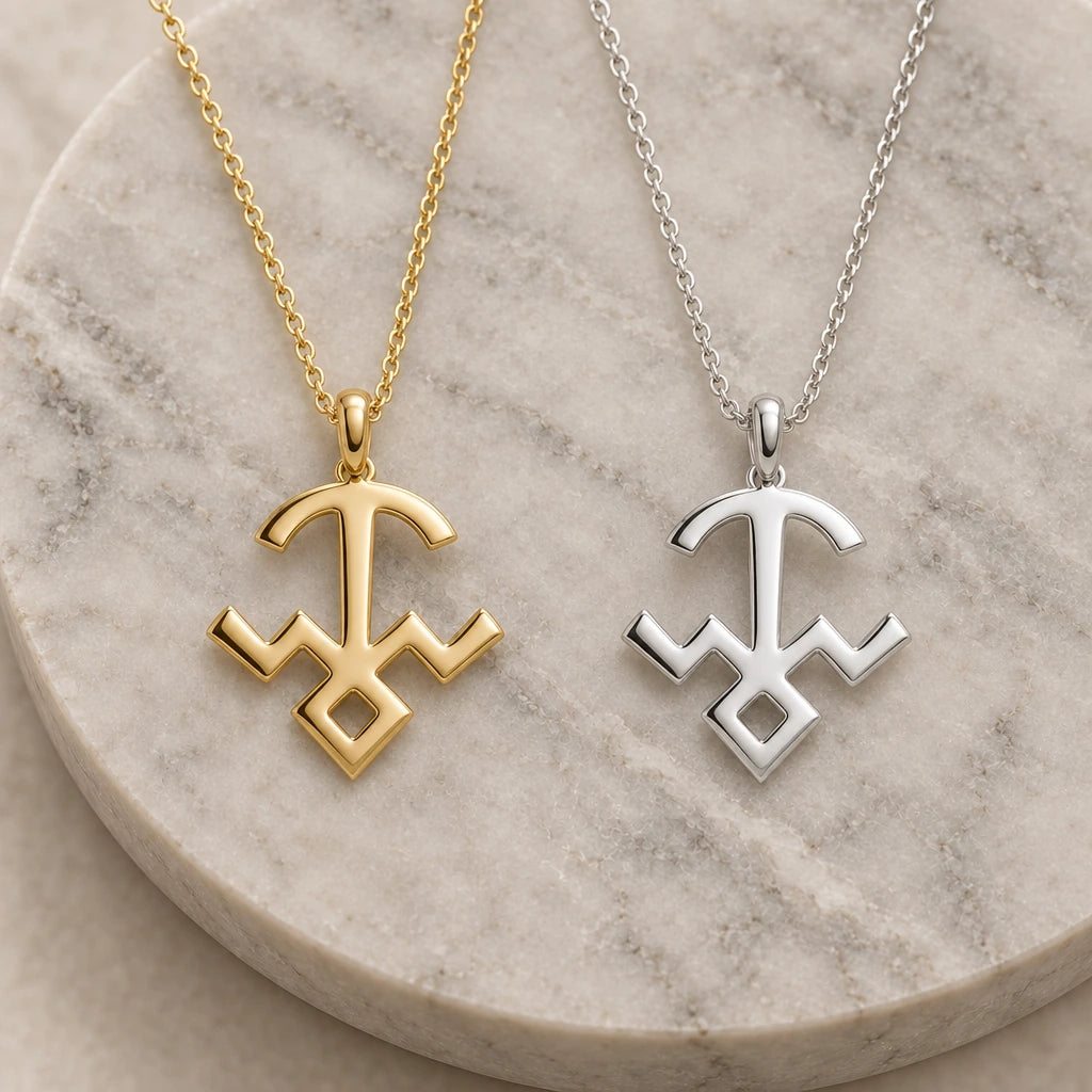 Mula Nakshatra Symbol pendant necklace in silver and gold finishes side by side