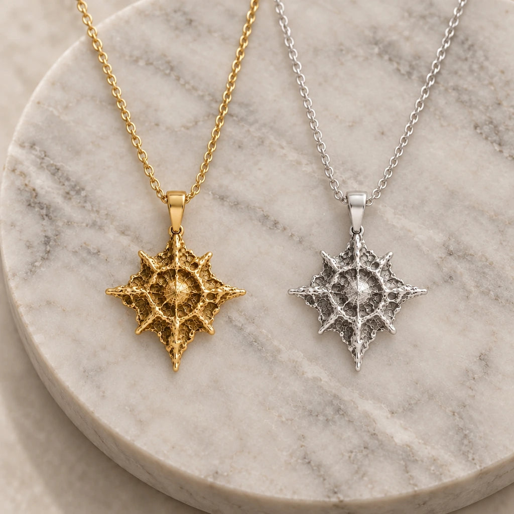 Polaris North Star pendant necklace in silver and gold finishes side by side