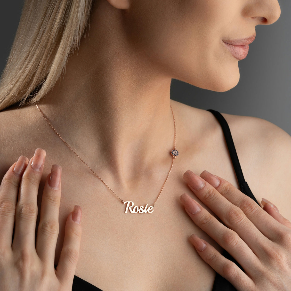 Name Necklace With Evil Eye Charm