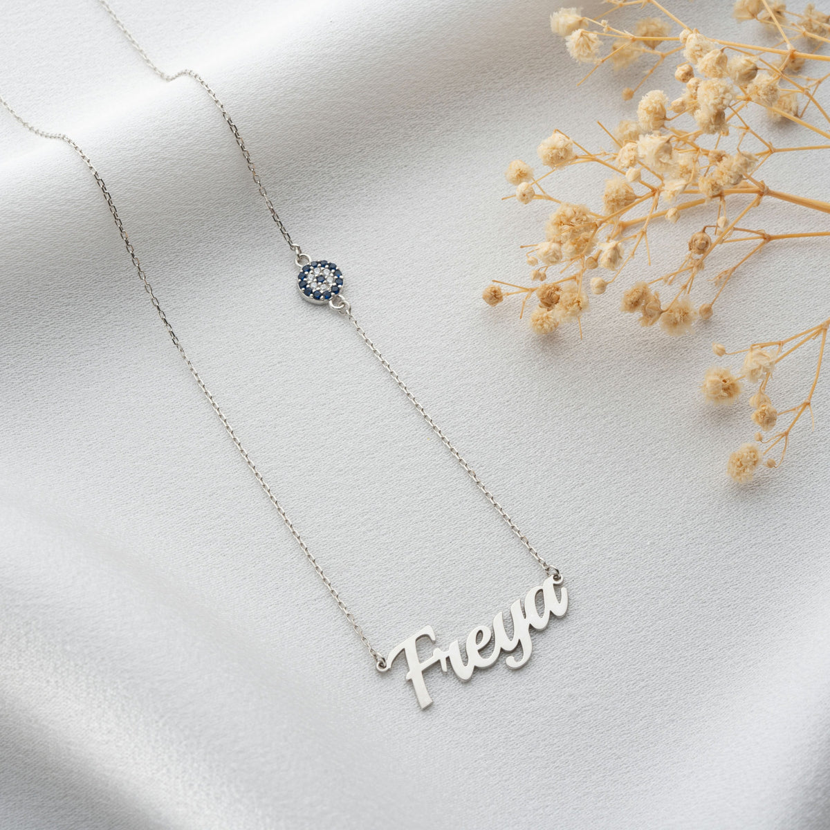 Name Necklace With Evil Eye Charm