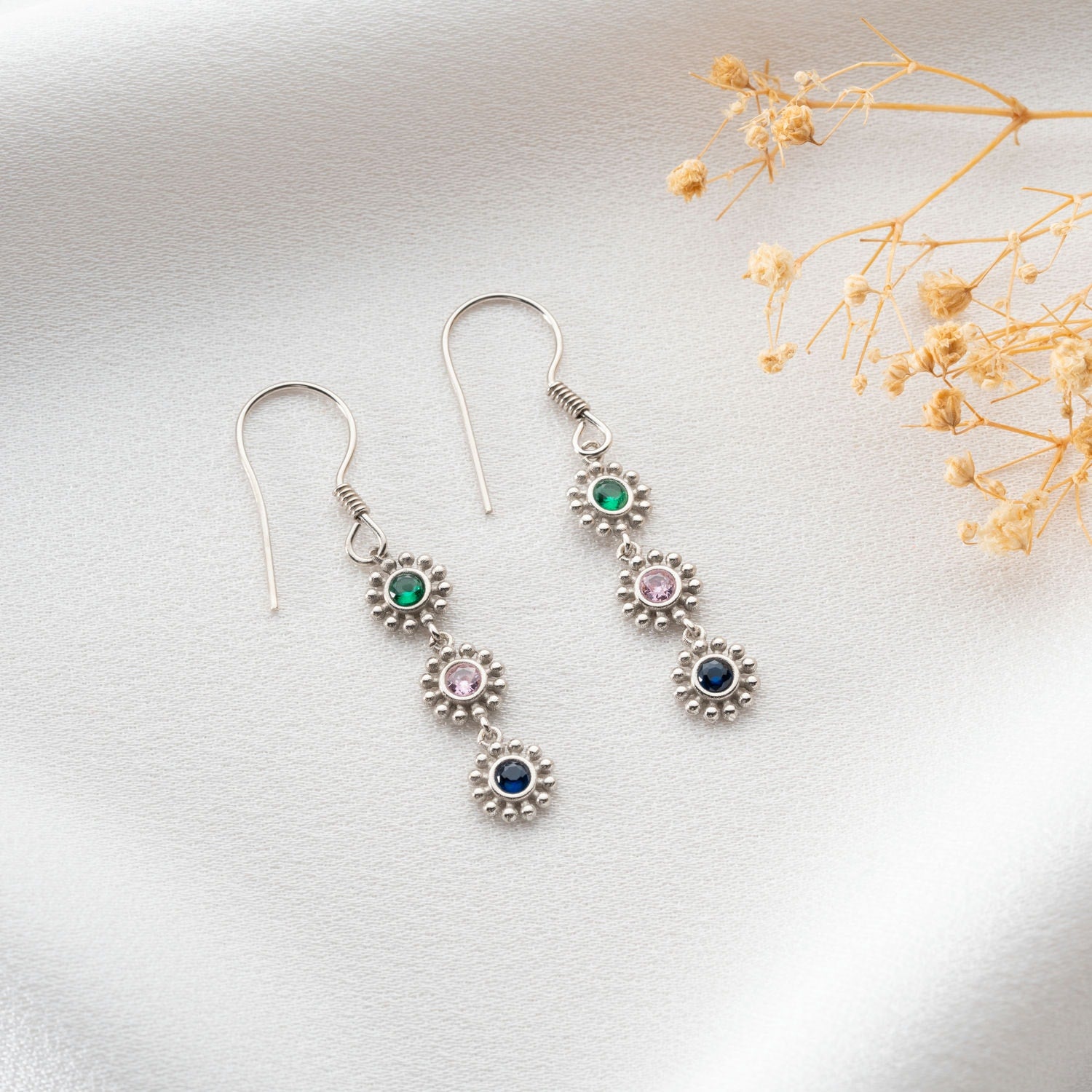 Sterling Silver Flower Birthstone Earrings