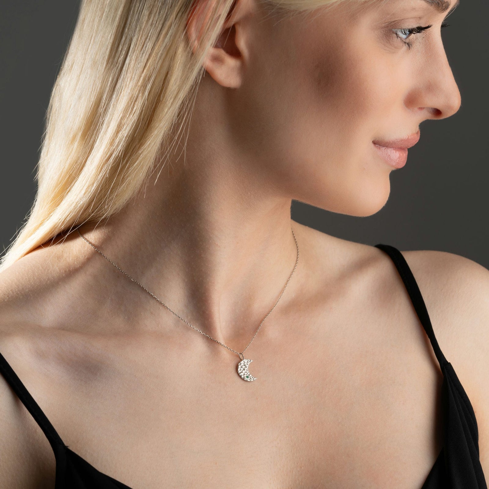 Hammered Moon Silver Necklace With Birthstone