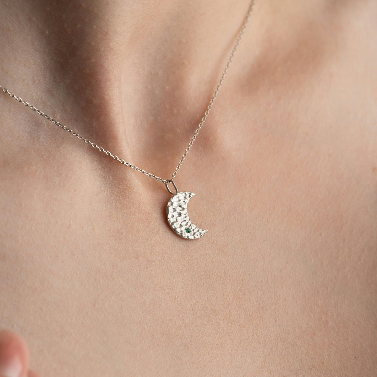 Hammered Moon Silver Necklace With Birthstone