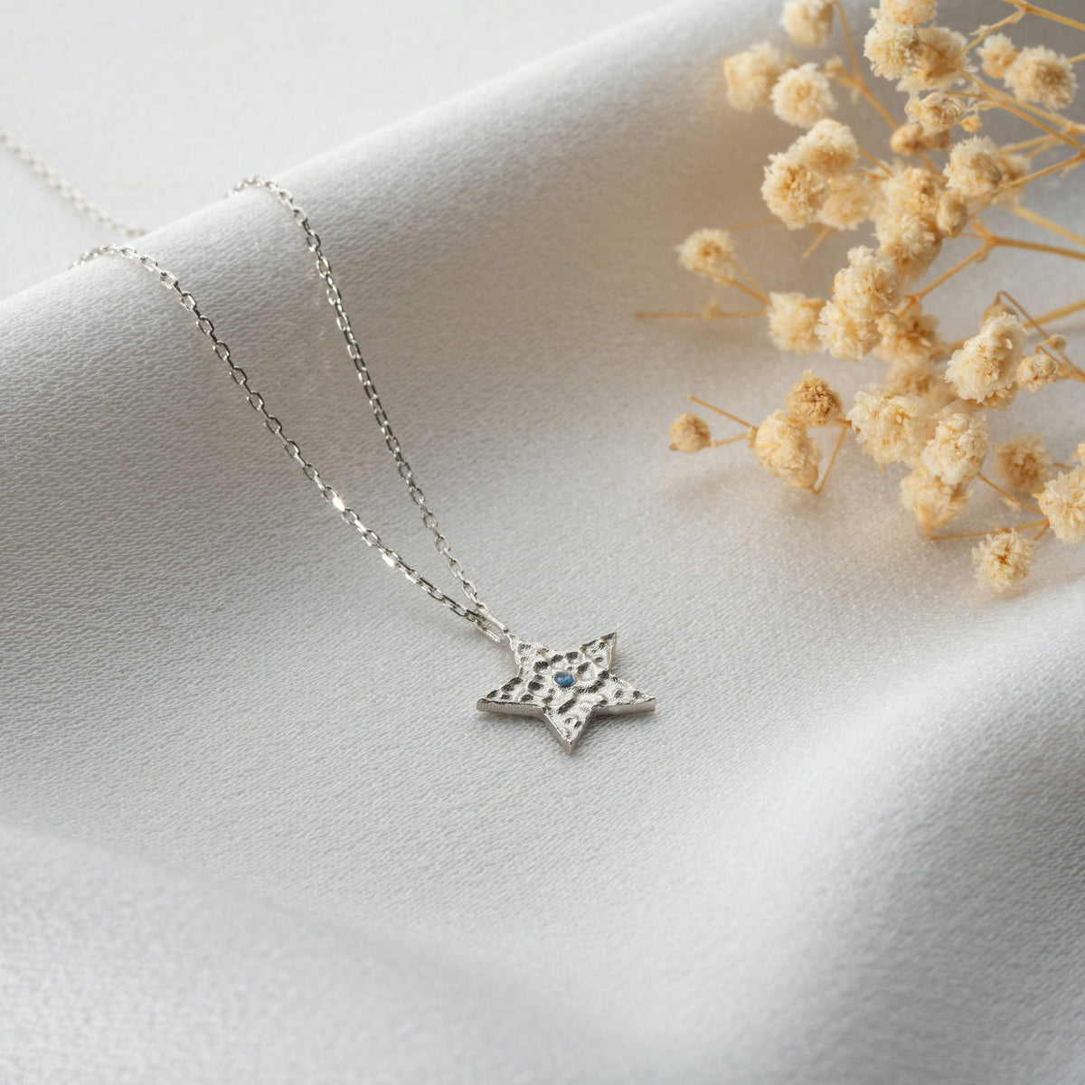 Hammered Star Silver Necklace With Birthstone