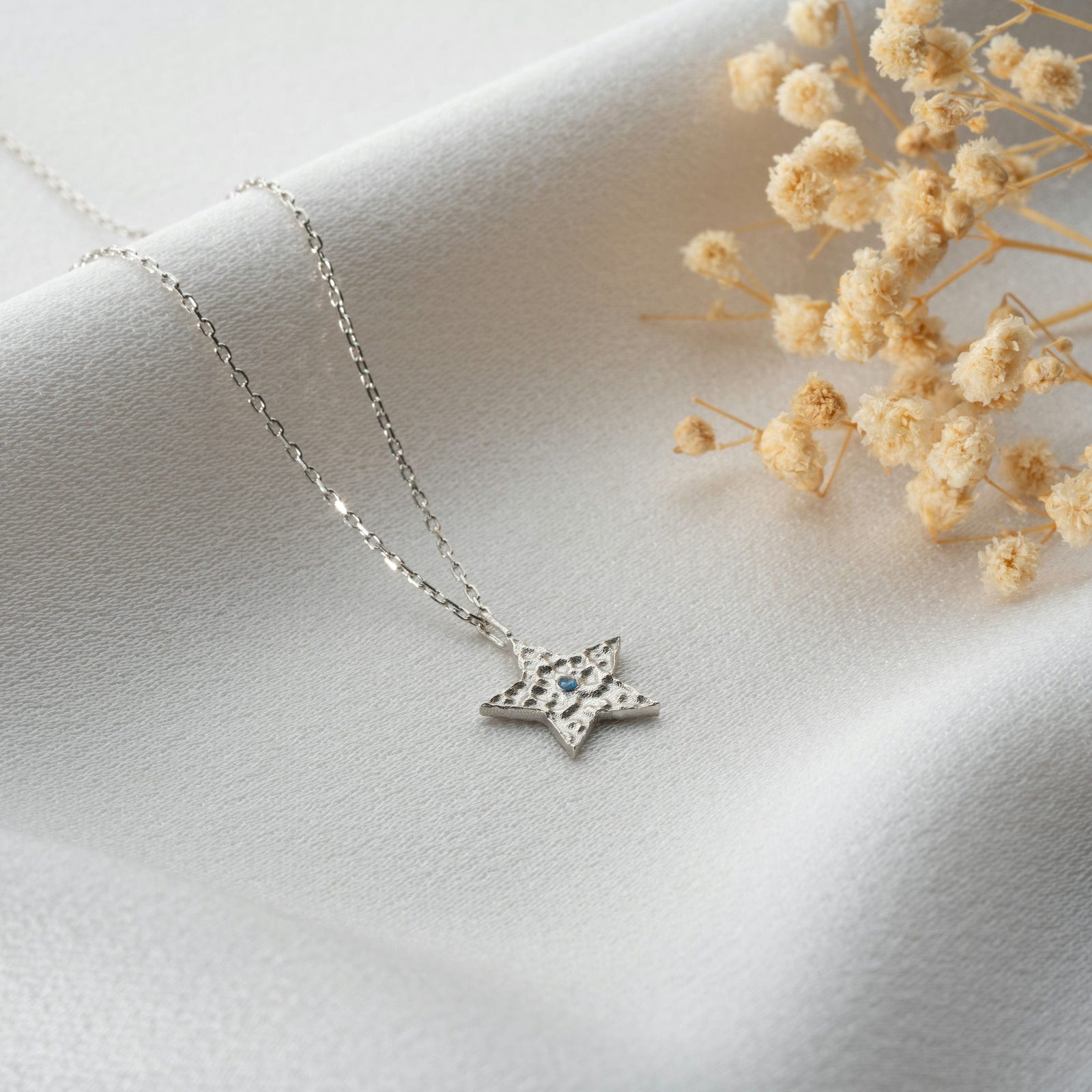 Hammered Star Silver Necklace With Birthstone