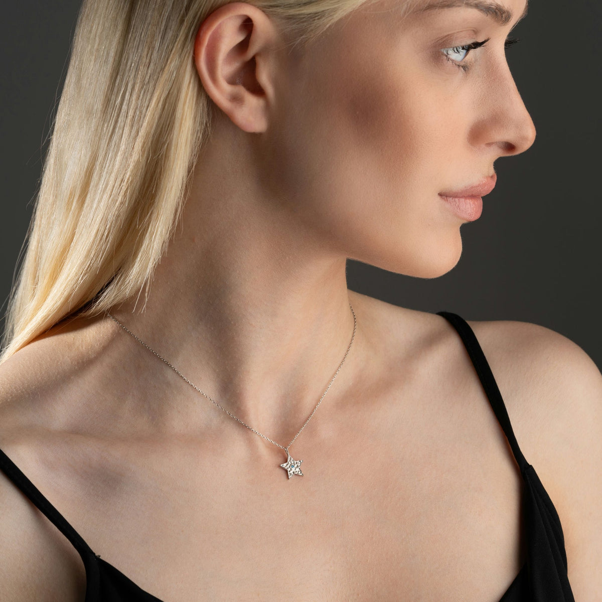 Hammered Star Silver Necklace With Birthstone