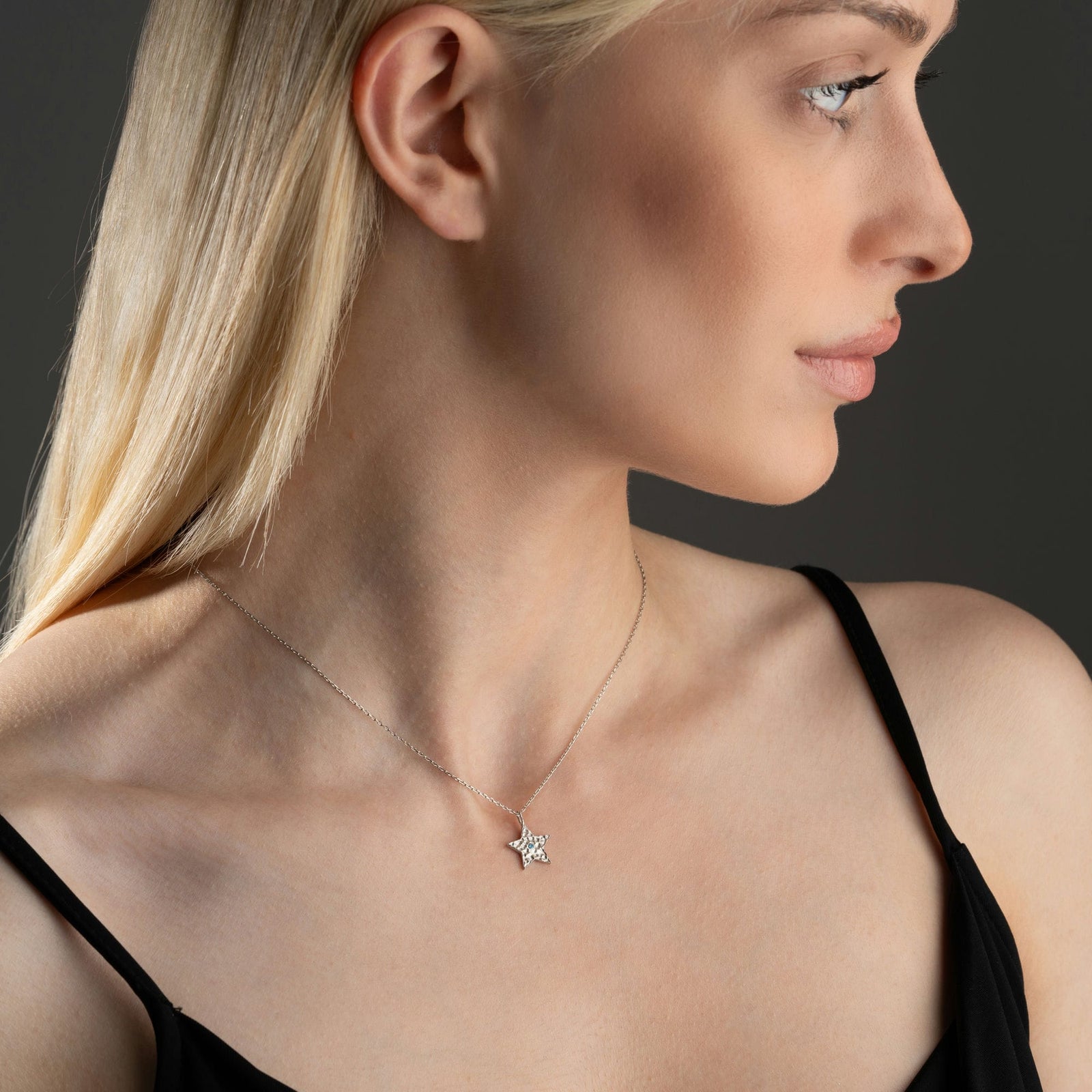 Hammered Star Silver Necklace With Birthstone