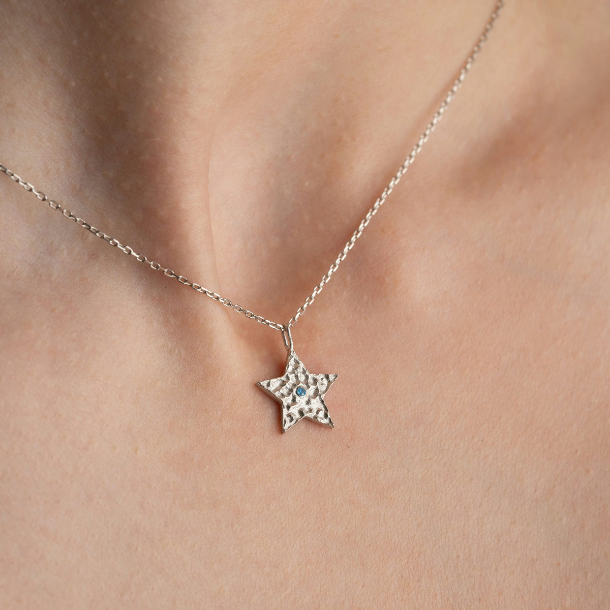 Hammered Star Silver Necklace With Birthstone