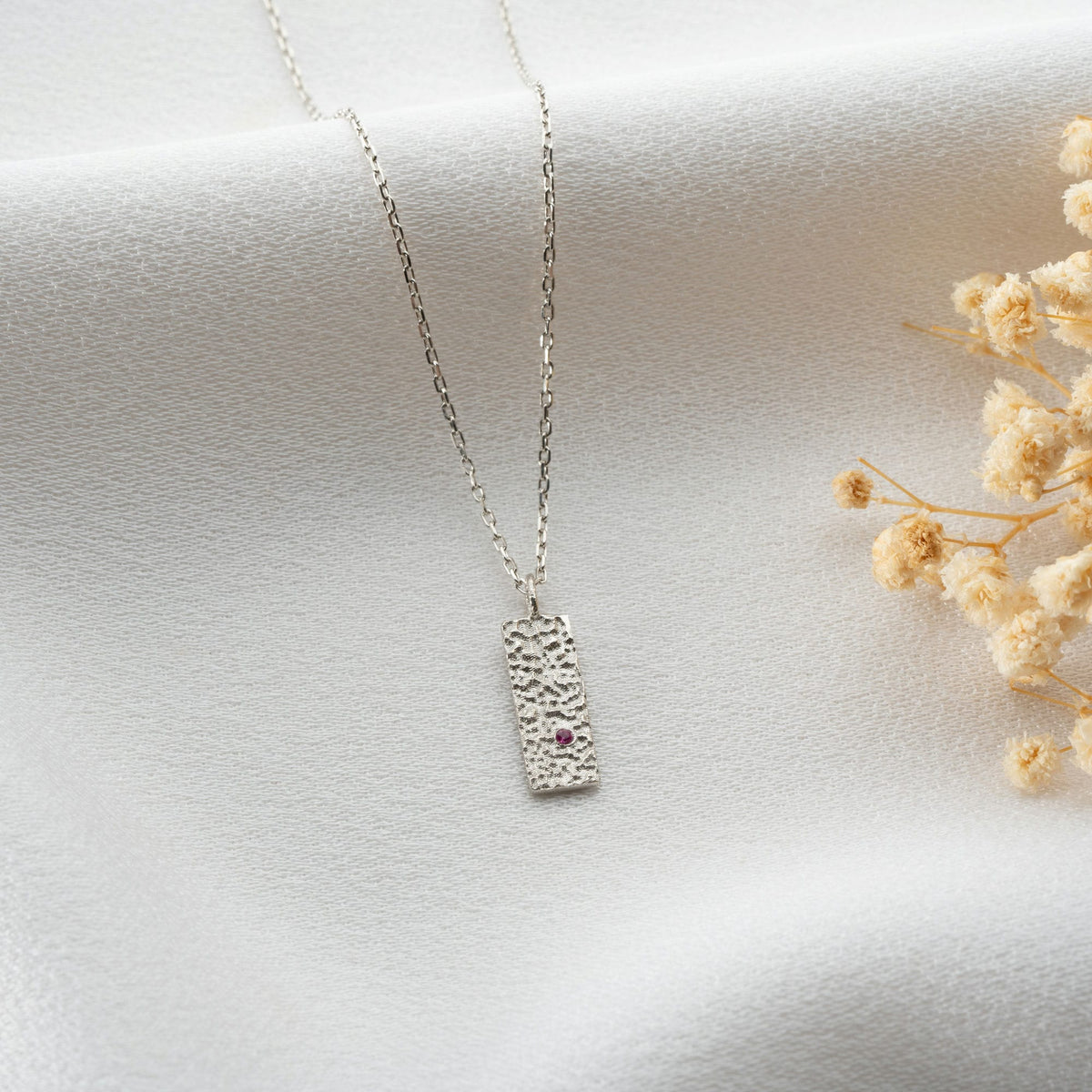 Hammered Silver Birthstone Tag Necklace