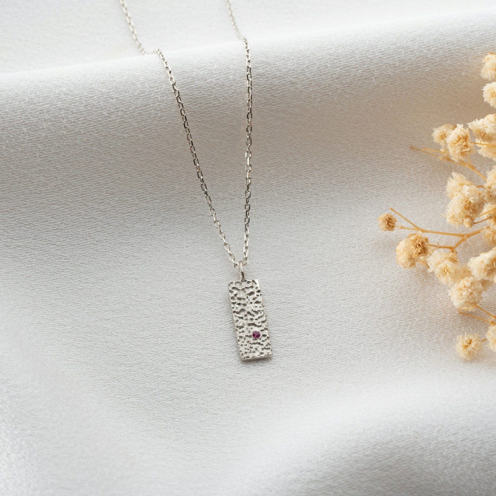 Hammered Silver Birthstone Tag Necklace