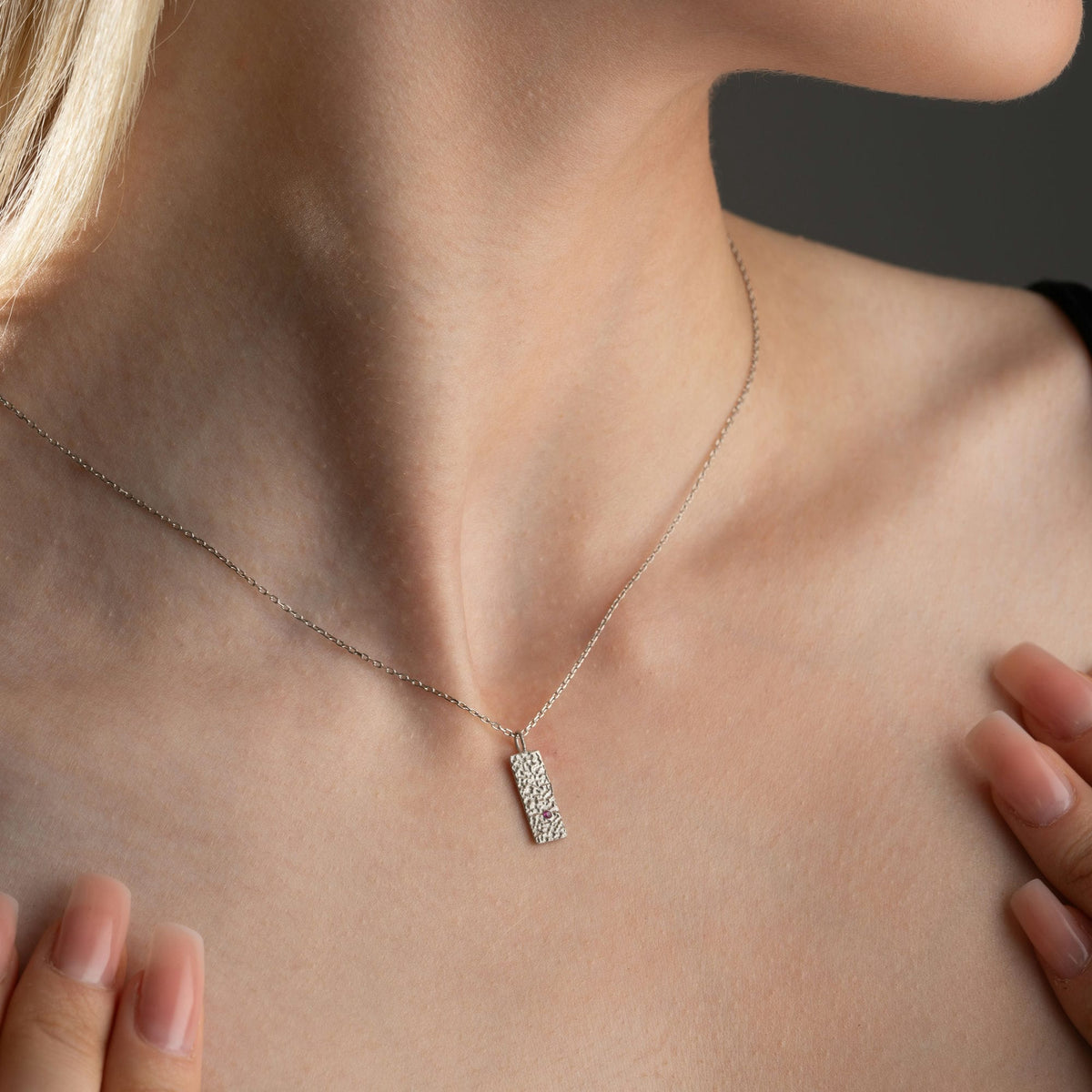 Hammered Silver Birthstone Tag Necklace