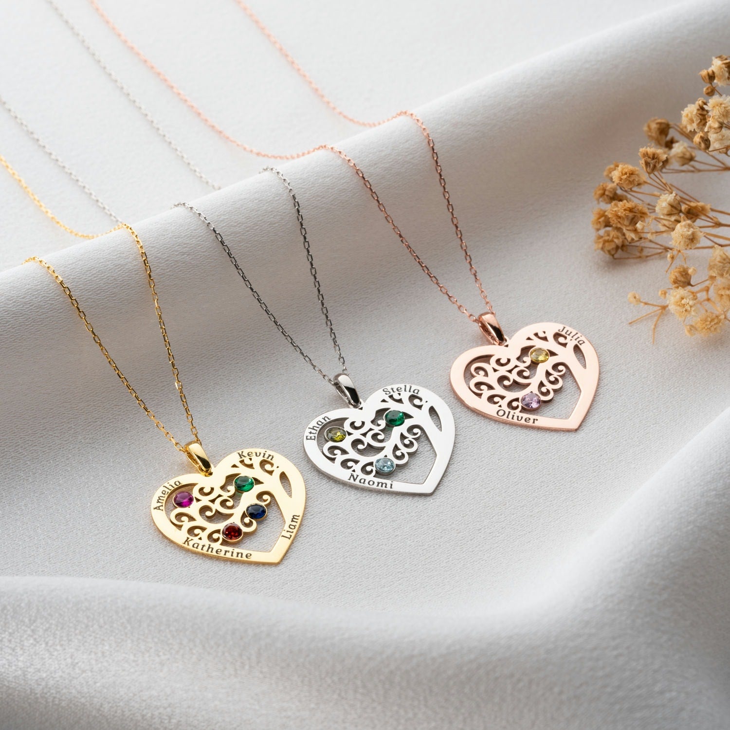 Personalised Heart Shaped Family Three Necklace With Birthstone