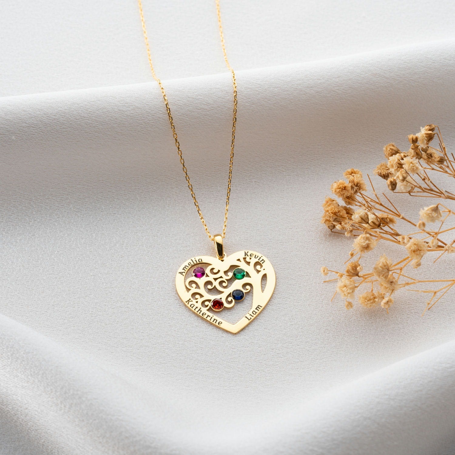 Personalised Heart Shaped Family Three Necklace With Birthstone