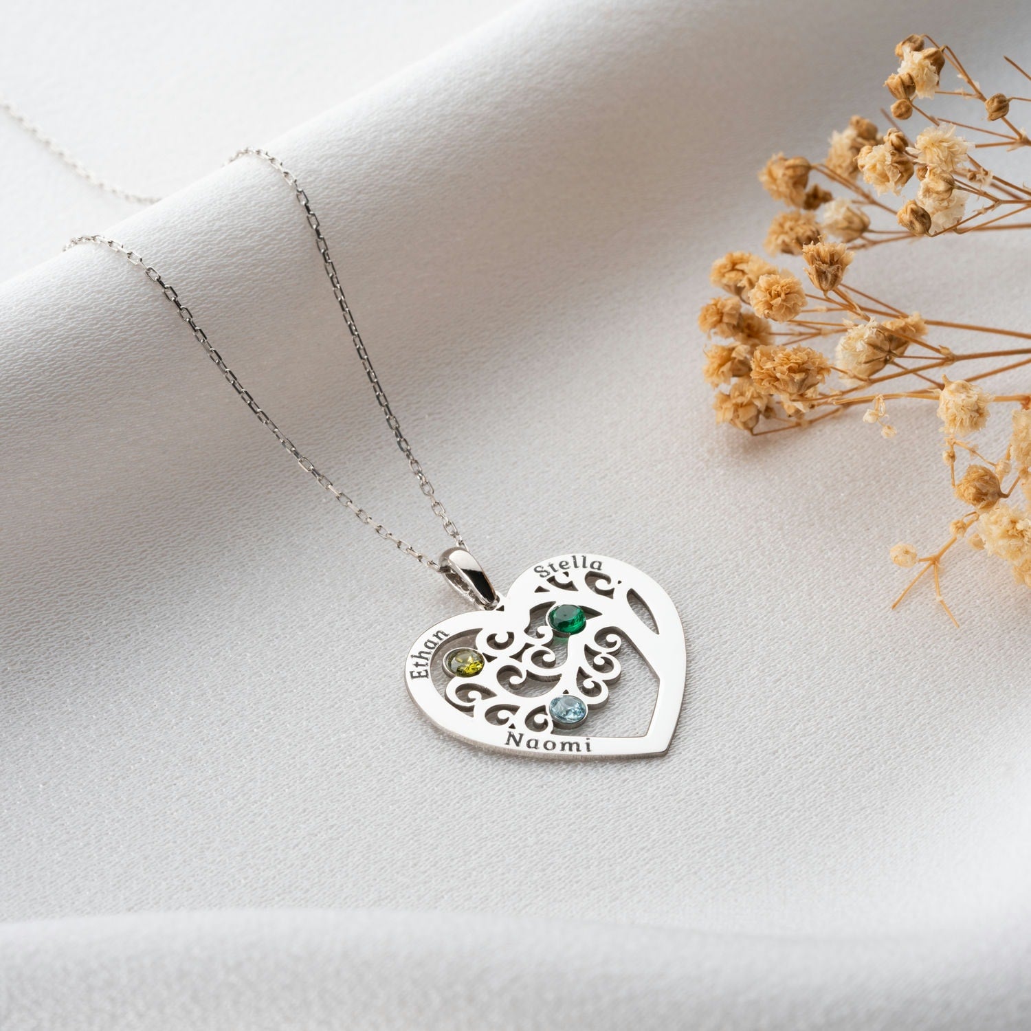 Personalised Heart Shaped Family Three Necklace With Birthstone