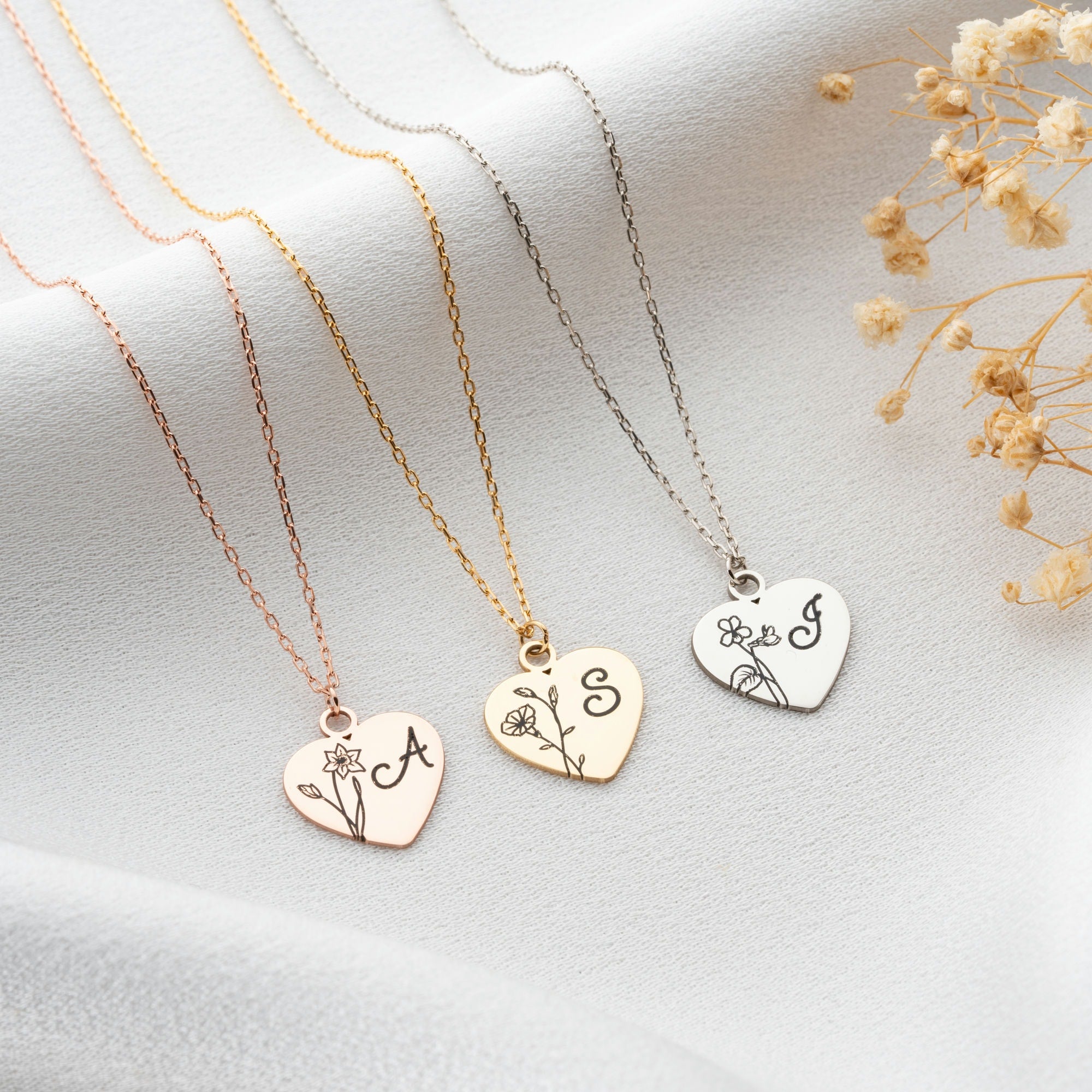 Birth Flower Heart Necklace With Initial