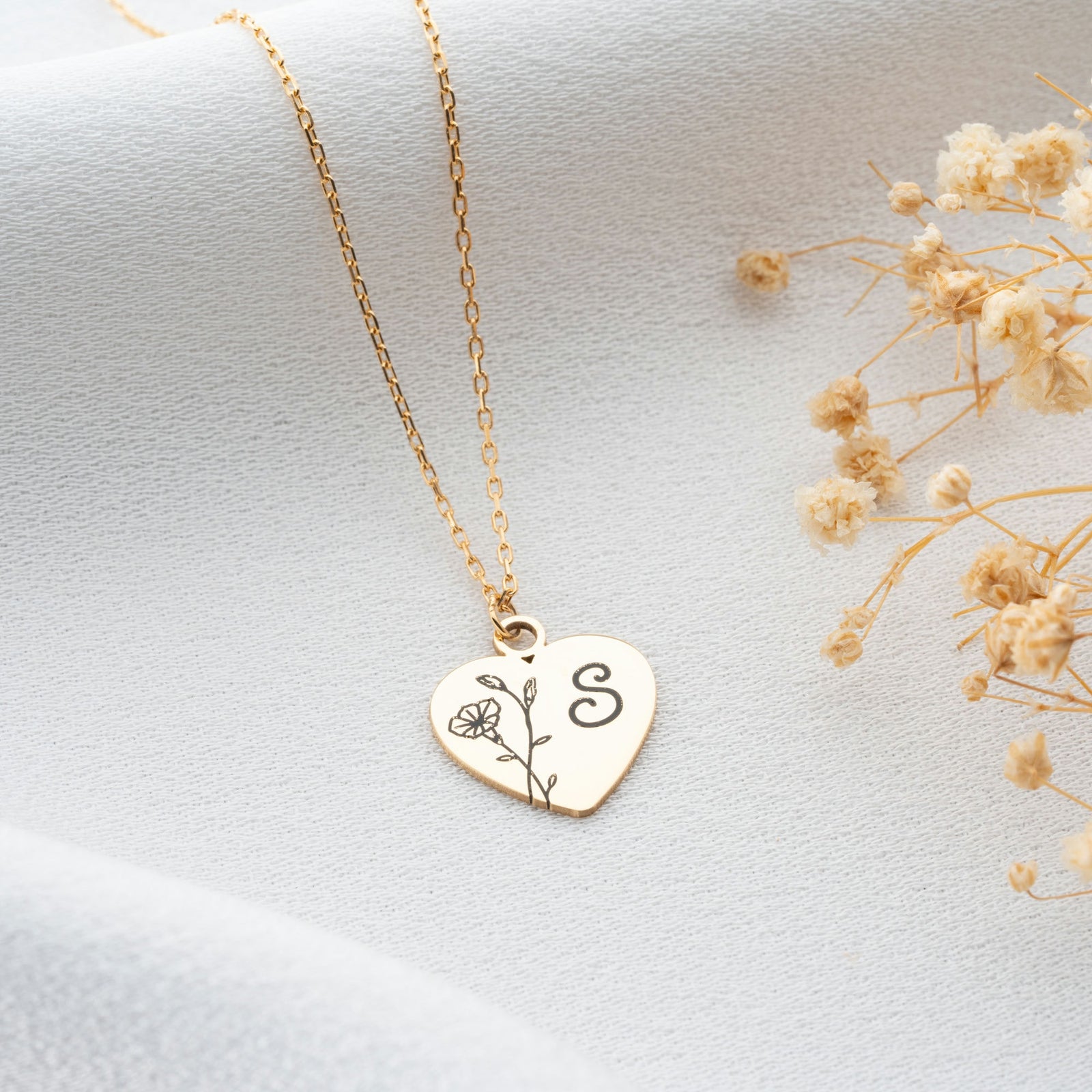 Birth Flower Heart Necklace With Initial
