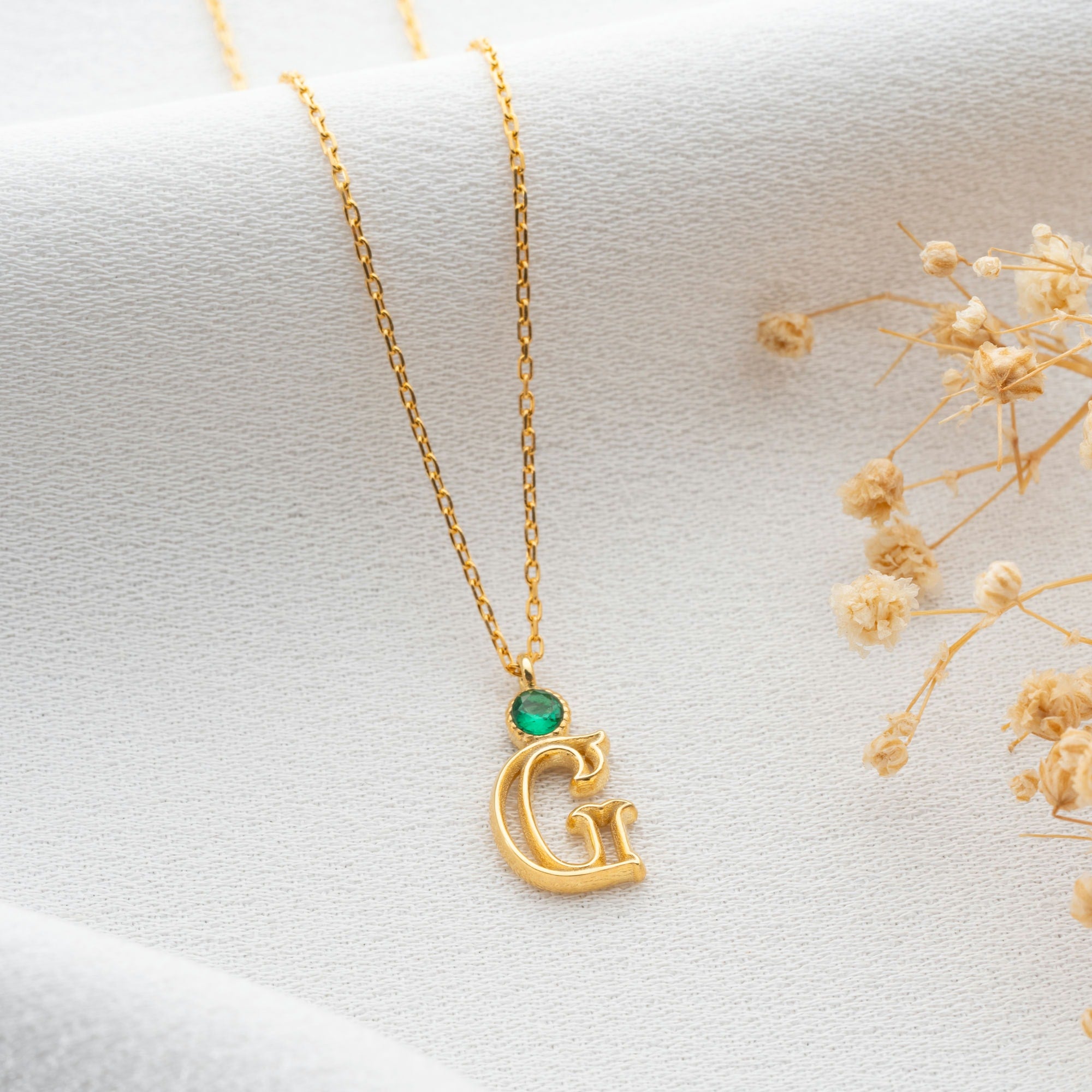 Outline Initial Necklace With Birthstone