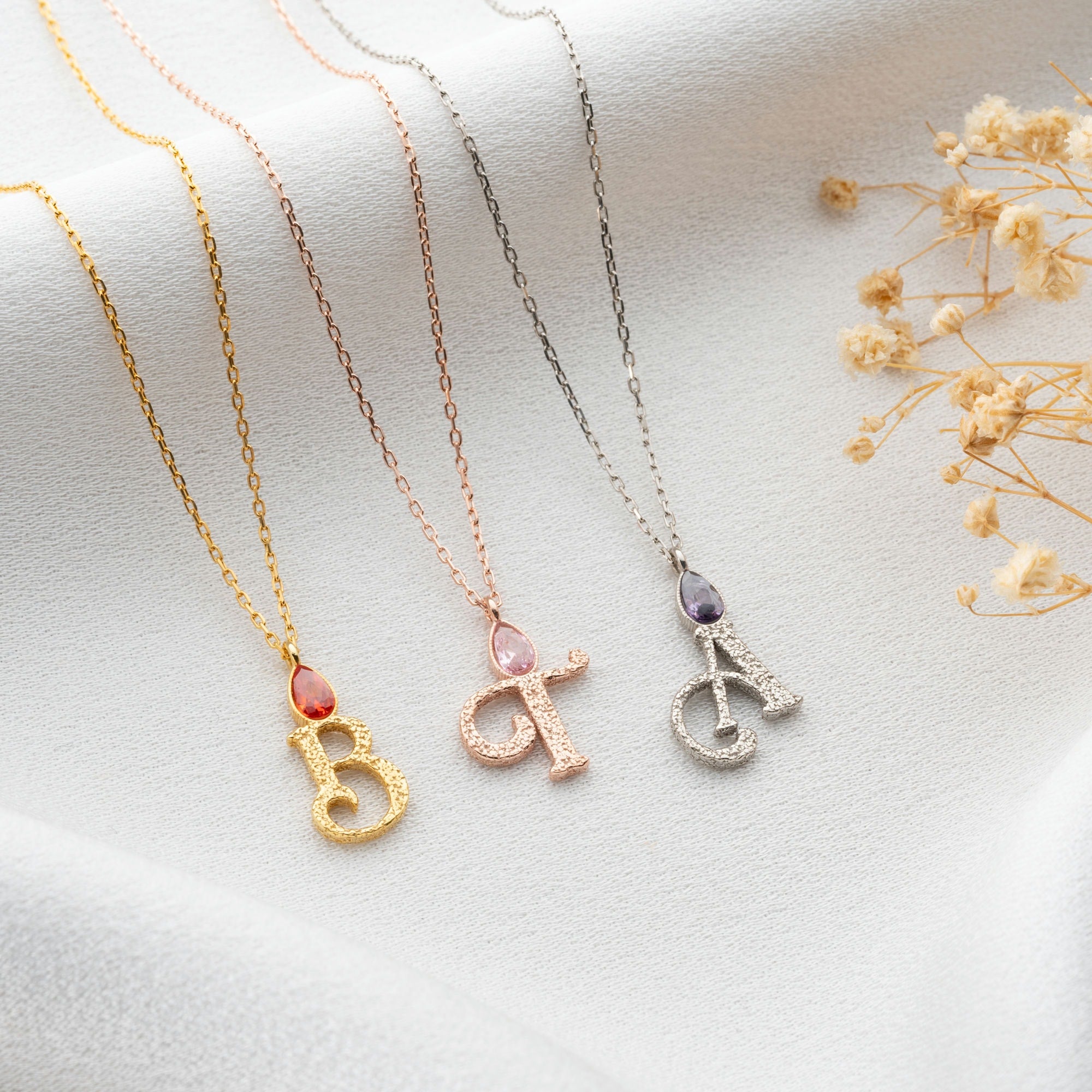 Hammered Initial Necklace With Drop Birthstone