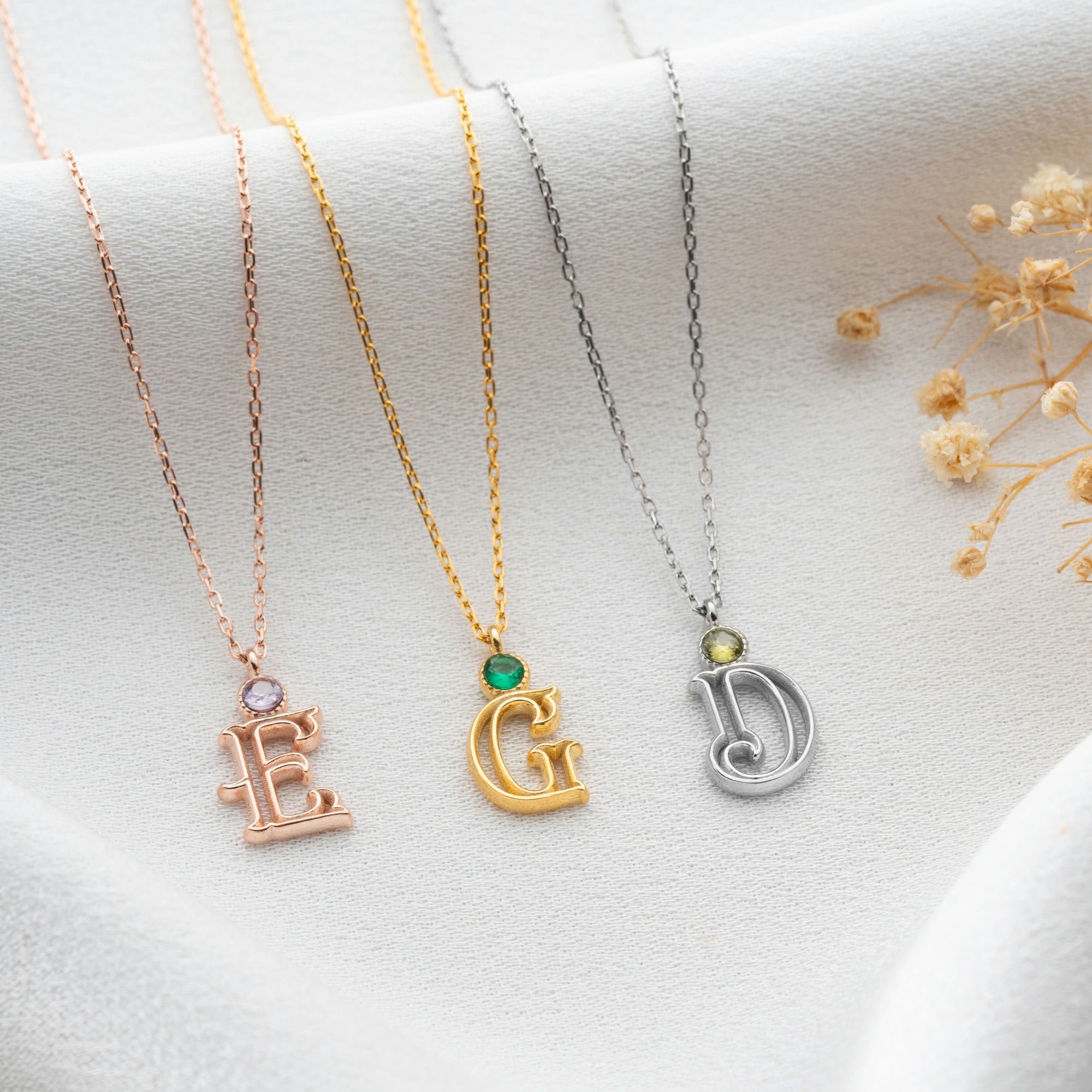 Outline Initial Necklace With Birthstone