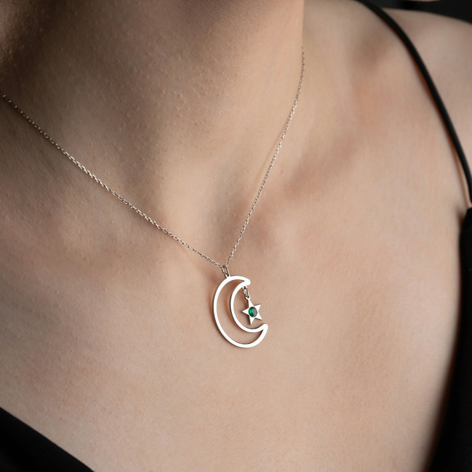 Moon And Star Necklace With Birthstone