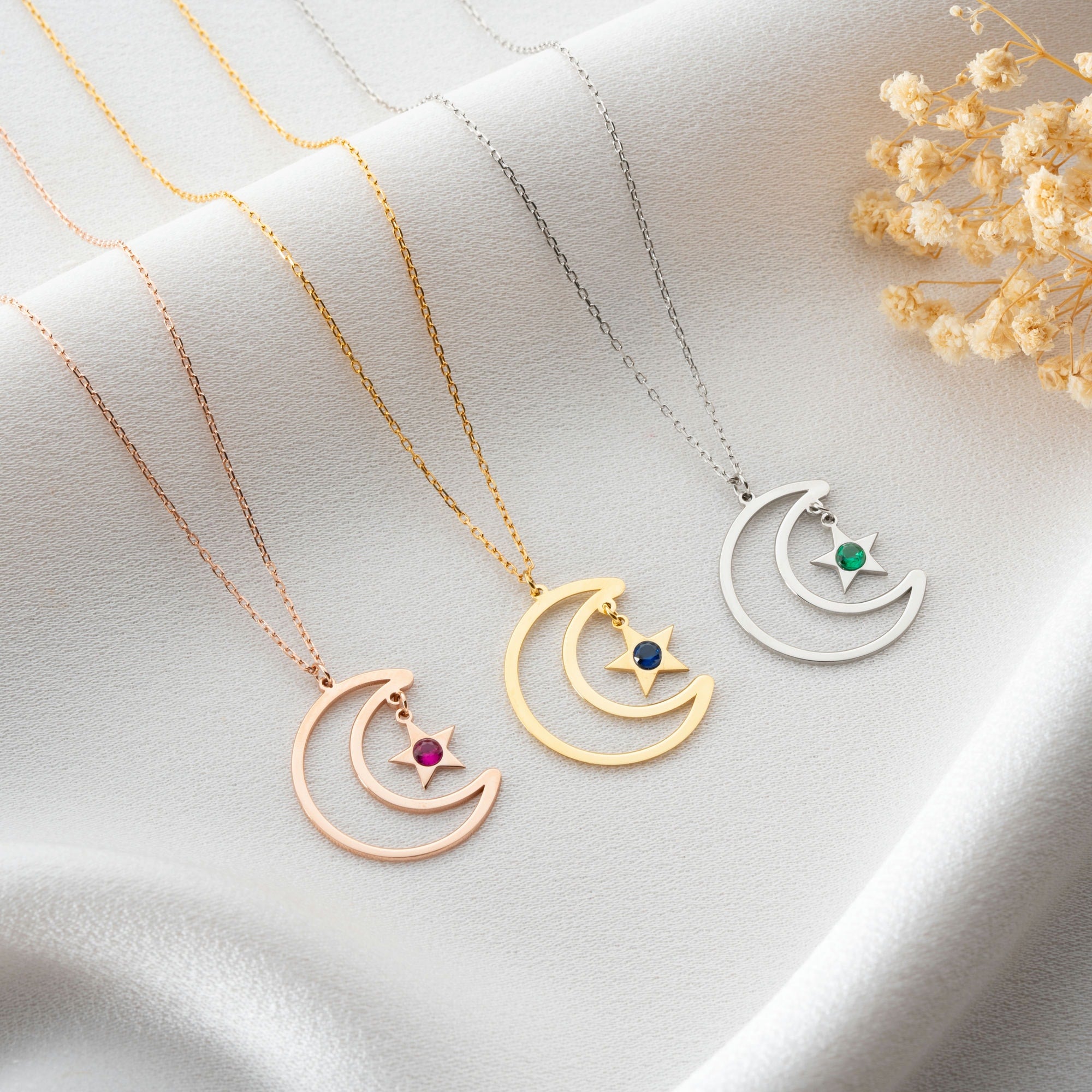 Moon And Star Necklace With Birthstone