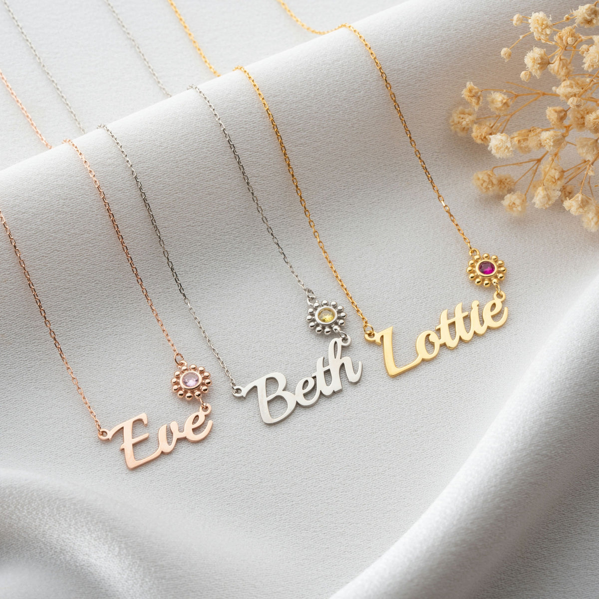 Name Necklace With Birthstone Flower