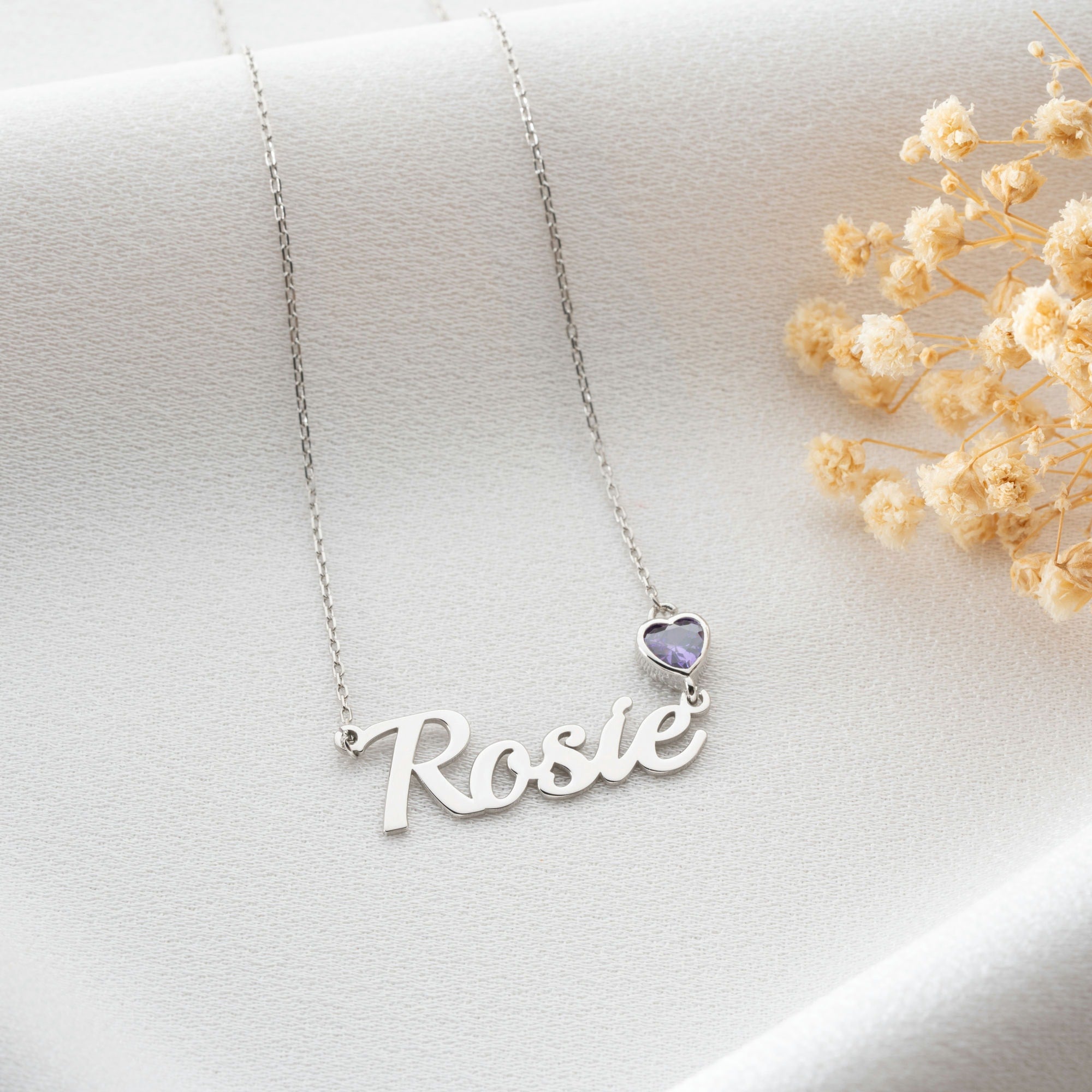 Name Necklace WIth Heart Birthstone