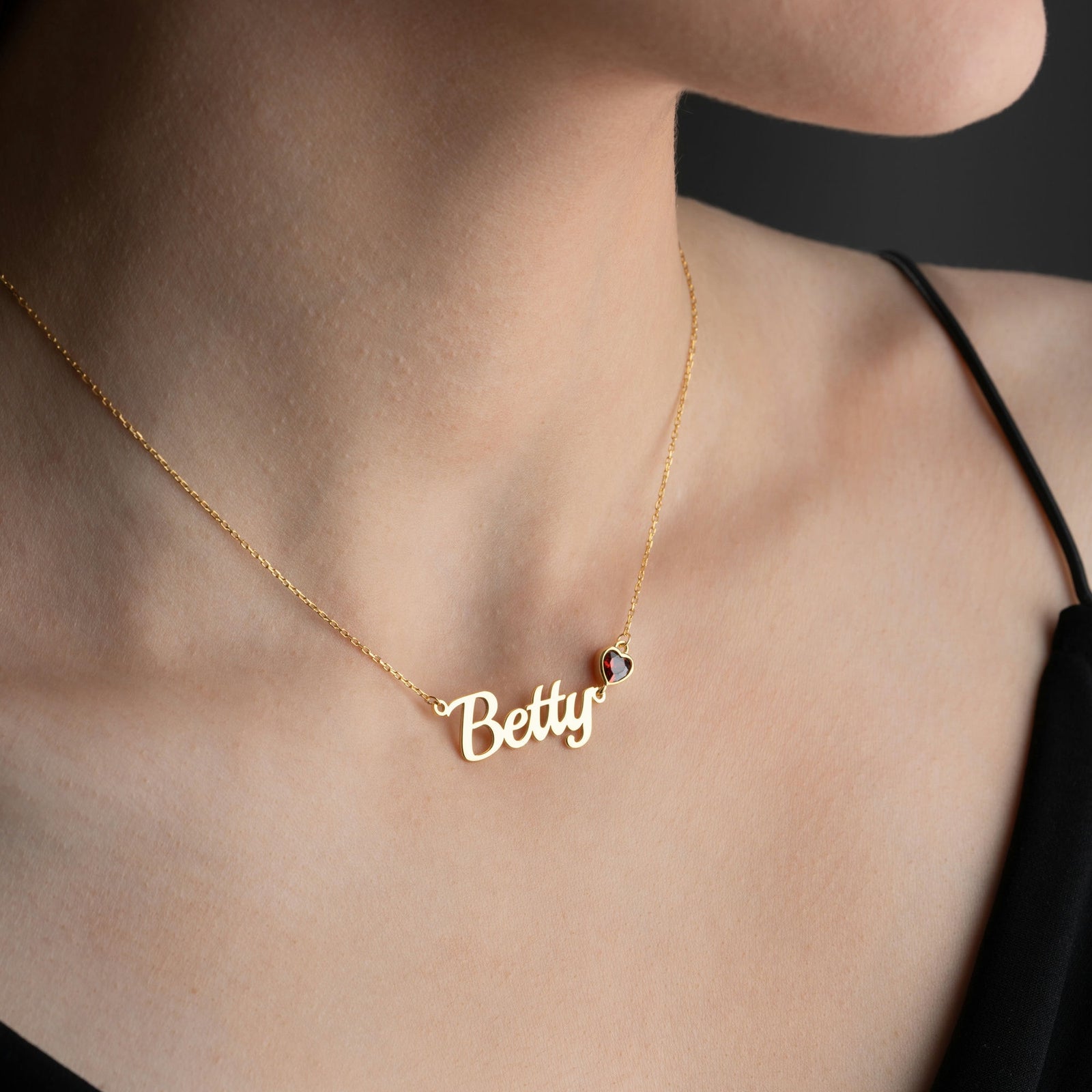 Name Necklace WIth Heart Birthstone