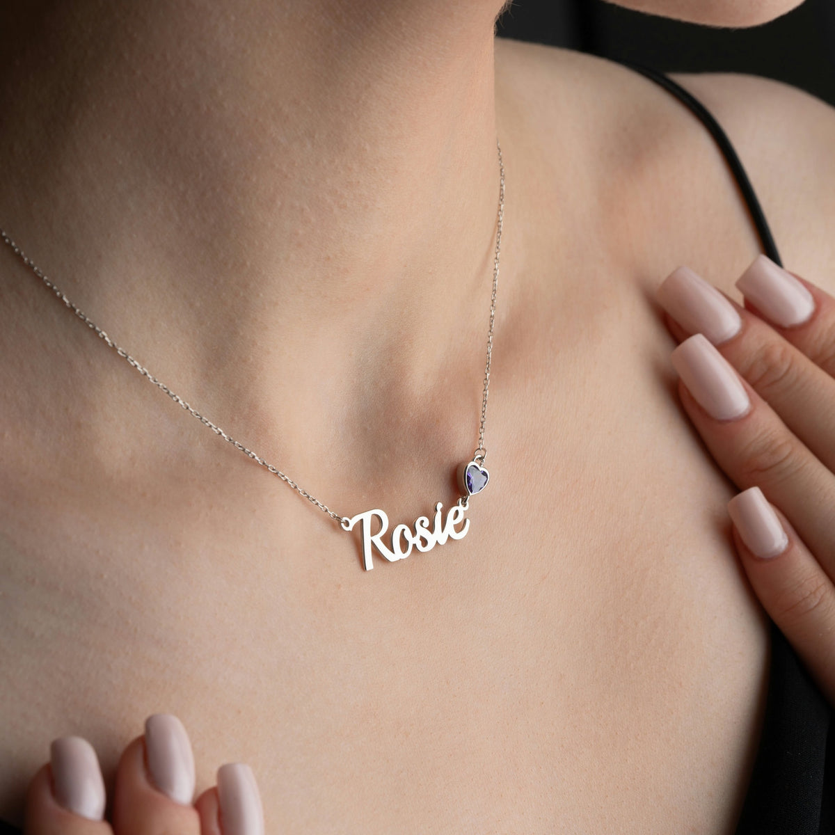 Name Necklace WIth Heart Birthstone