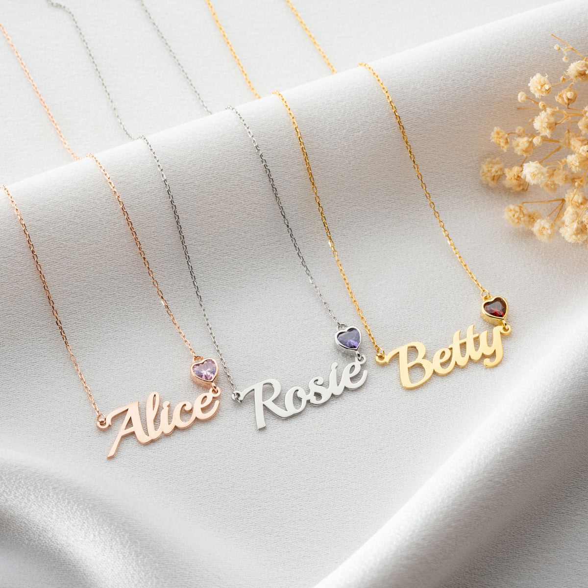Name Necklace WIth Heart Birthstone