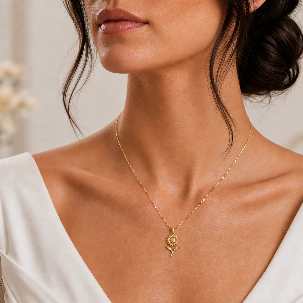Gaillardia flower pendant necklace in polished 925 sterling silver on cream linen