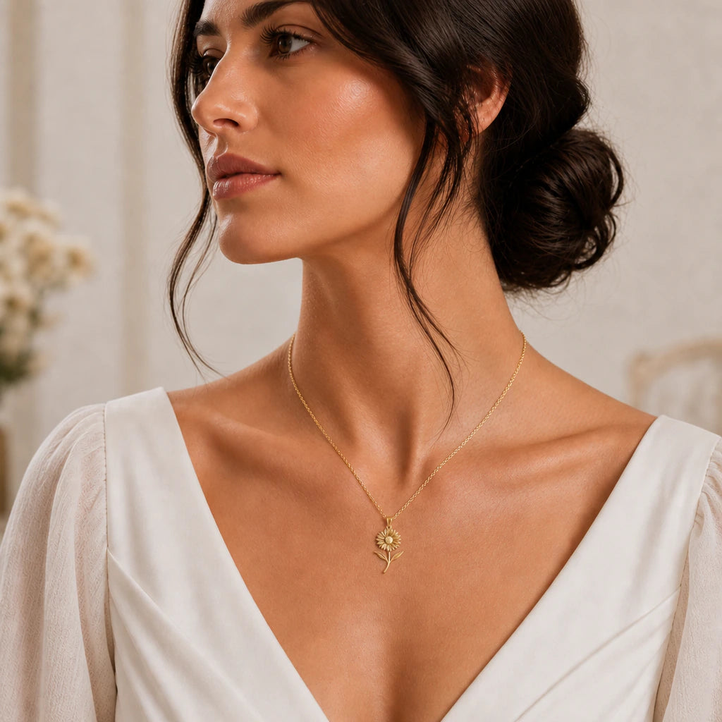 Gaillardia gold plated sterling silver flower pendant styled with a white dress